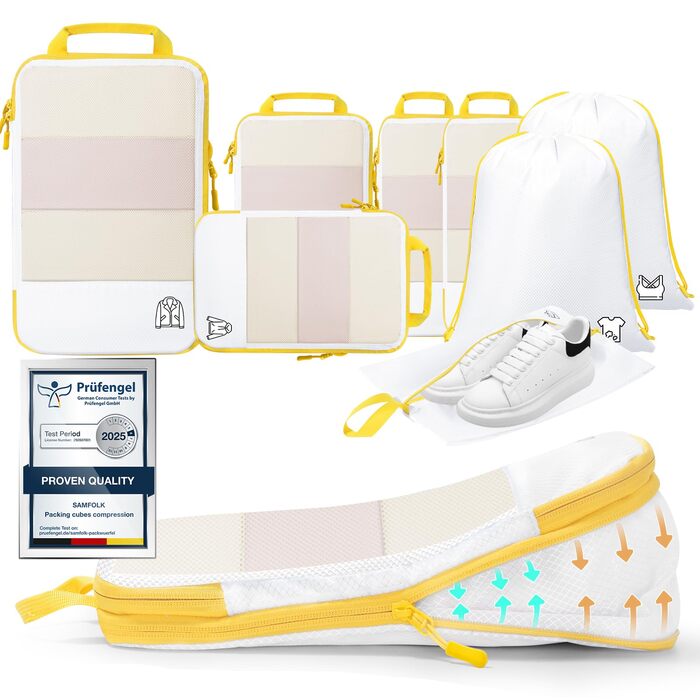 Набір з 8 компресійних органайзерів для валізи - чорний, лимонний колір