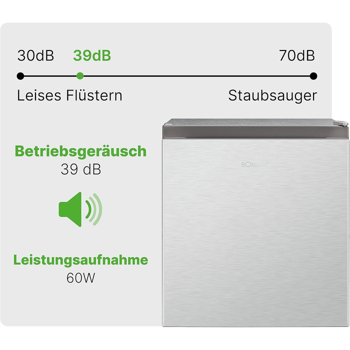 Міні-холодильник Bomann 45L з морозильною камерою, тиха кухонна/офісна/кампінгова/геймерська кухонна коробка, дверцята з можливістю зміни розташування - міні-холодильник, холодильник для напоїв, мінібар KB 7245 inox срібний