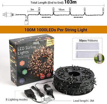 Гірлянда світлодіодна для декорування зовнішніх приміщень 100 м, 1000 LED, тепле світло, водонепроникна IP44, 8 режимів, для дому, вечірки, ялинки, балкону, тераси