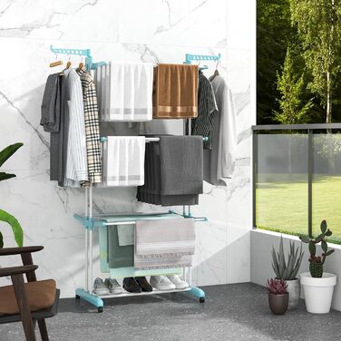 Сушарка для білизни COSTWAY 4-рівнева з колесами, розкладна, з 2 обертовими крилами, висувна, для дому та вулиці (Блакитна)