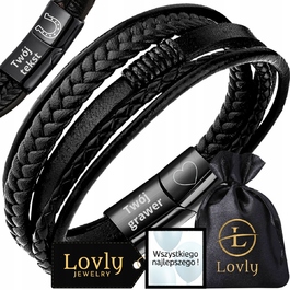 Чоловічий шкіряний браслет із нержавіючої сталі 316L, чорний Premium, з гравіюванням