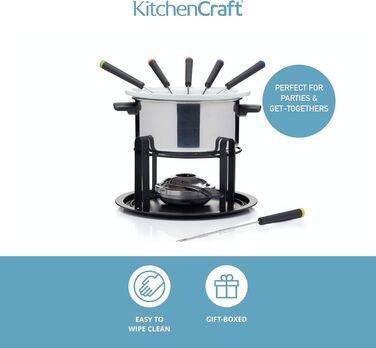Набір для фондю KitchenCraft 3-в-1 з кольоровими виделками, для шоколадного, м’ясного та сирного фондю, сріблястий