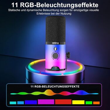 Мікрофон Aveek USB/XLR динамічний з тримачем, з функцією Mute, шумозаглушенням та RGB підсвіткою для ПК, стрімінгу, подкастів та запису