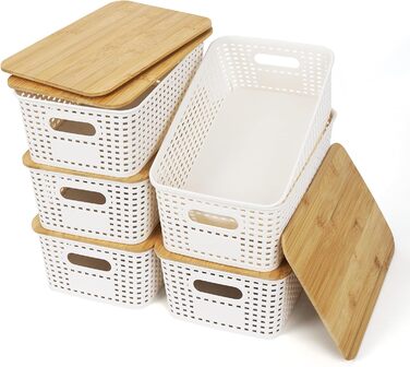 UHAPEER Storage Box with Bamboo Lid, 6 Piece Storage Basket, Plastic Basket Storage, Kitchen Organizer White, Stackable Storage Boxes, Box with Lid 25.6 x 18 x 10.7 cm