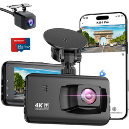 Відеореєстратор у машину Dashcam 4K з двома камерами, WiFi, 64GB SD карта, паркувальний асистент, нічне бачення, 170°+140° кут огляду, 3' IPS дисплей, G-сенсор, циклічна запис, паркування, підтримка карт до 256GB