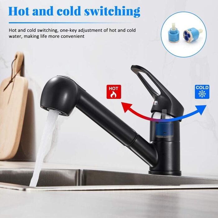 Висувна кухонна змішувач BONADE з двома виходами для води, поворотна на 360°, чорний