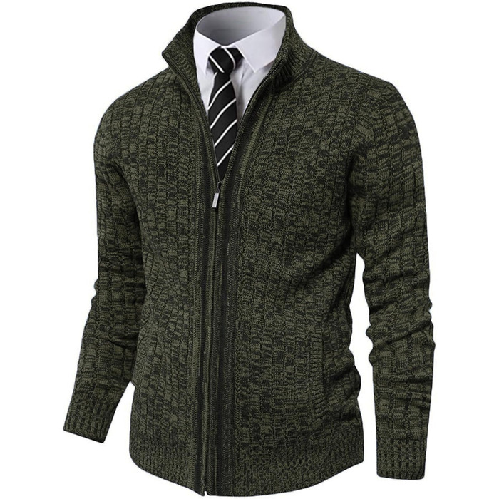 Чоловічий кардиган AOI RAY з блискавкою та стоячим коміром, в'язаний з тонкої пряжі, з двома кишенями, колір: чорний (L, суміш темно-зеленого)
