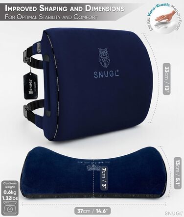 Подушка для попереку SNUGL для офісного крісла, ортопедична подушка з піни Memory Foam для підтримки спини, коректор постави для жінок та чоловіків, автомобільна подушка (Темно-синій)