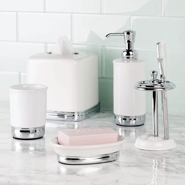 mDesign Cosmetic Tissue Box - Practical tissue box for the bathroom made of metal with a white finish and chrome accents - Paper tissue box in a modern & minimalist design