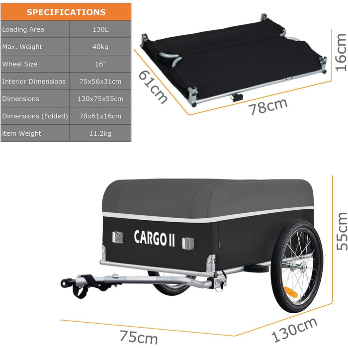 Фарбований вантажний причіп Tiggo Cargo II на велосипеді, об'єм 130 літрів, складаний, зелений (сірий)