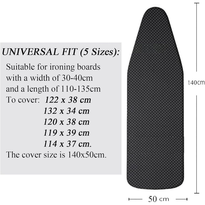 Чохол для прасувальної дошки Yizunnu, 140 x 50 см, товсте ущільнення, шнурок для фіксації, регульована застібка, простий крій та стійкий до подряпин принт (чорні крапки)
