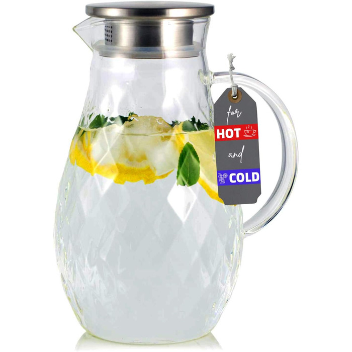 Borosilicate glass carafe with lid and spout - Glass carafe with a unique diamond pattern for 2 liters of cold or hot water - Drink dispenser for homemade iced tea and juice