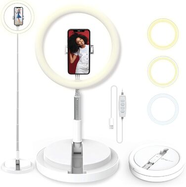 DIGIPOWER 11' кільцева лампа для макіяжу, YouTube, TikTok та Vlogging, регульована висота (58-168 см), 3 режими освітлення, 10 рівнів яскравості, тримач для телефону (iOS/Android), складана
