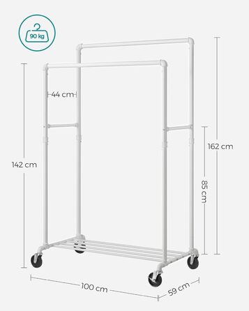 SONGMICS Clothes Rack, Clothes Rod, Coat Rack with 2 Clothes Rods and Shelf, Wheels, Load Capacity up to 110 kg, Industrial Design, for Bedroom, Dressing Room, White HSR060W01