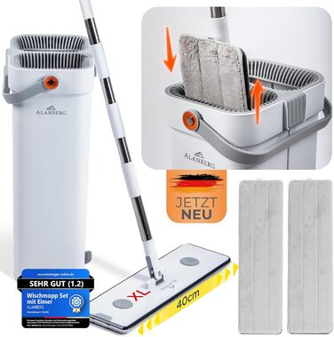 Набір для миття підлоги XL з відром, 2-камерна система, телескопічна ручка 143-181 см, плоский моп 40 см, самовіджимання з видаленням шерсті тварин та 2 мікрофібровими накладками, білий – ALANBERG®