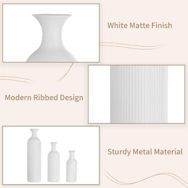 Large White Metal Floor Vase - Modern Textured Design, 68/51/41cm - Perfect for Pampas Grass, Living Room, Bedroom, Fireplace & Entryway