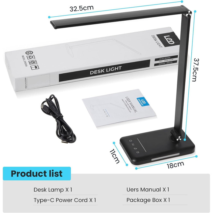 Лампа настільна LED BIENSER, 560LM, 5 кольорів, 10 рівнів яскравості, нічник, USB, пам'ять, таймер 30хв, 6000K, 10W