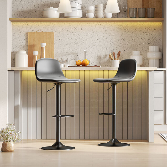 HOMCOM Set of 2 Adjustable Height Swivel Bar Stools - Rotating Bar Chair Counter Stool with Backrest and Footrest, Non-Slip Stool, Faux Leather, Black | Aosom