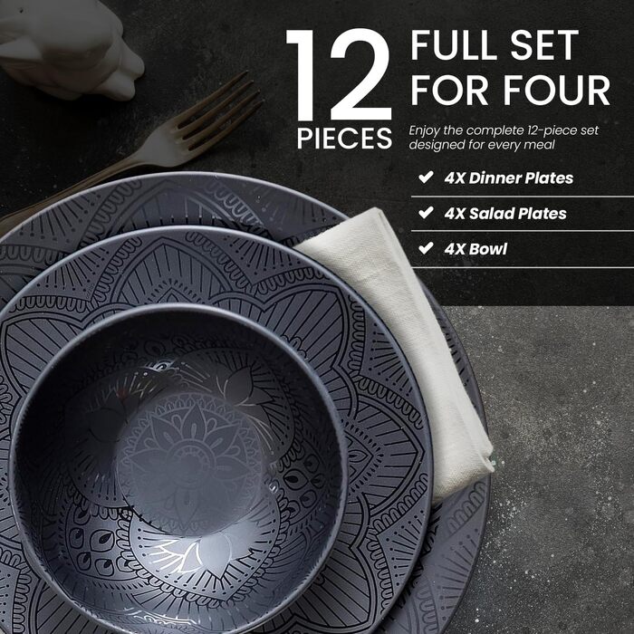 Набір тарілок та мисок Bzyoo з меламіну, 4 шт., чорний, La la Mandala. Без BPA, придатний для миття в посудомийній машині.