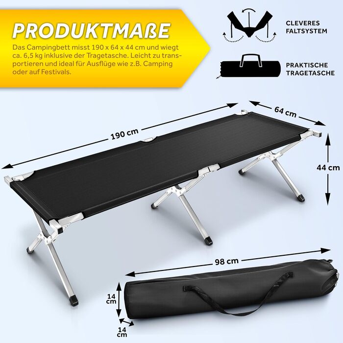 Намет-ліжко TRESKO XXL для кемпінгу, 190 x 64 x 44 см, металевий каркас, до 150 кг