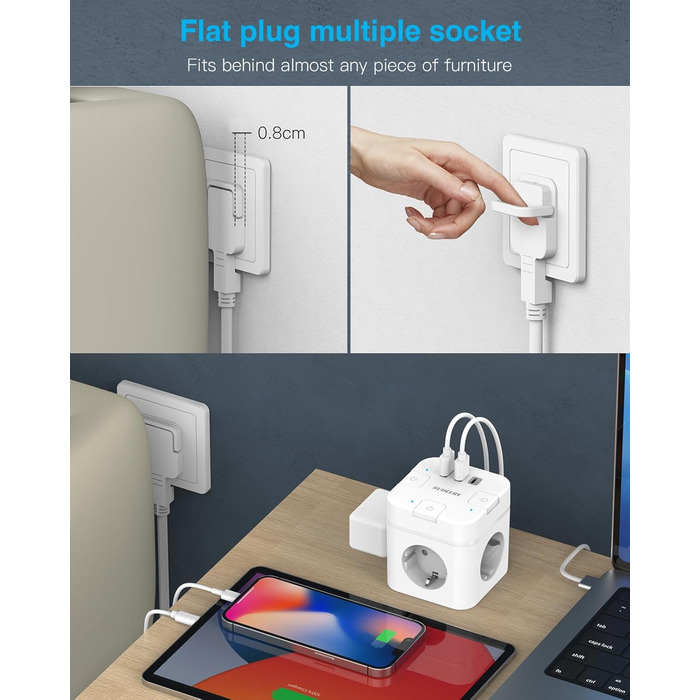 Розетка-смуга 6 в 1 з USB-C, 3 розетки, плагін, індивідуальне вмикання, куб, з кабелем, 1 USB-C, для офісу, дому, подорожей (4M, білий)