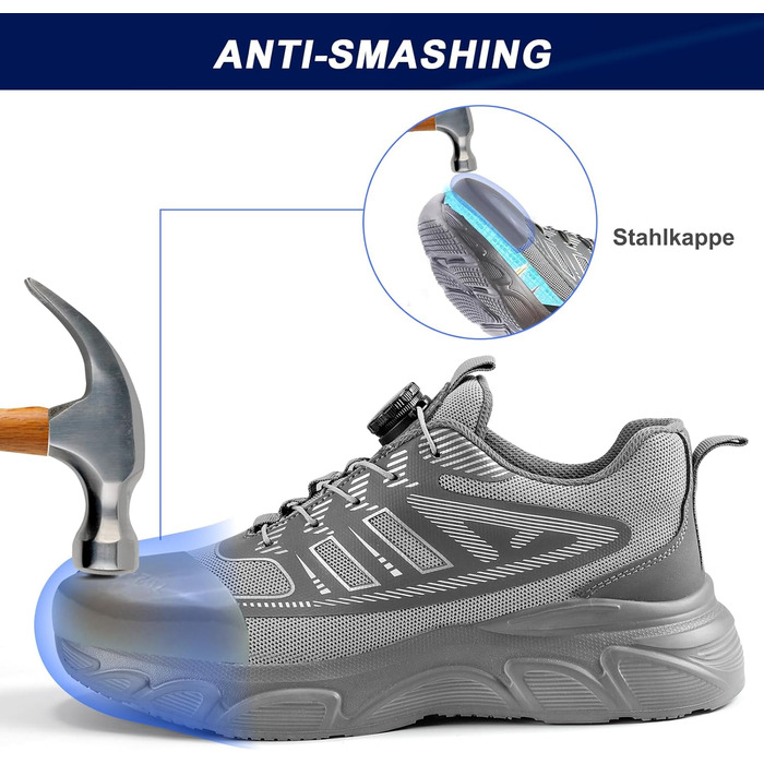 Чоловічі робочі черевики: захисні черевики зі сталевим підноском, з пряжкою та шнурівкою, неслизькі, легкі (44 EU, сірий)