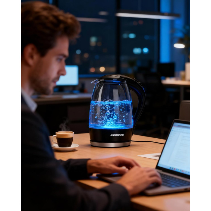 Електричний чайник Aigostar Adam, 1.7 л, 2200 Вт, LED, скло, без BPA, з фільтром від накипу, чорний