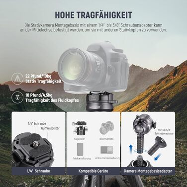 Штатив NEEWER LITETRIP 62' з вуглецевого волокна: компактний, ±15° вирівнювання, 360° панорама, знімний центральний стійка, швидка фіксація, Arca QR пластина, сумісний з Peak Design Capture V3