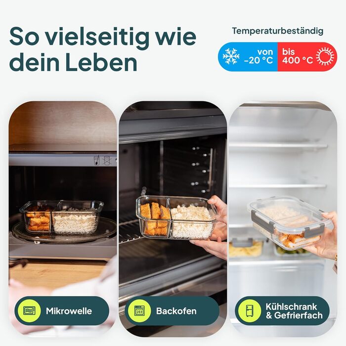 Набір контейнерів для їжі Uandu Glasbehälter – 10 шт. з кришкою, BPA-free, для мікрохвильовки, морозильника, посудомийної машини (антрацит, з відділеннями)