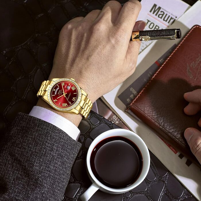 Годинник NIBOSI для чоловіків: аналоговий кварцовий годинник з діамантовою лускою, сталевий циферблат рожевого золота, срібний, водонепроникний, бізнес-стиль, класичний годинник з датою та індикатором дня тижня (золотий, червоний)