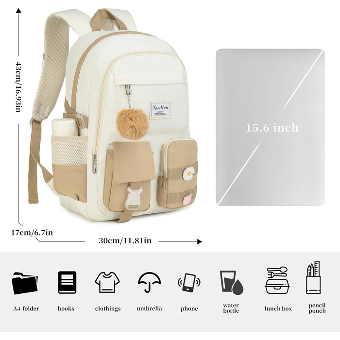 Шкільний рюкзак YAMTION для підлітків, 15.6 дюймів, для ноутбука, для старшої школи, коледжу, милий (Хакі, 15.6 дюймів)