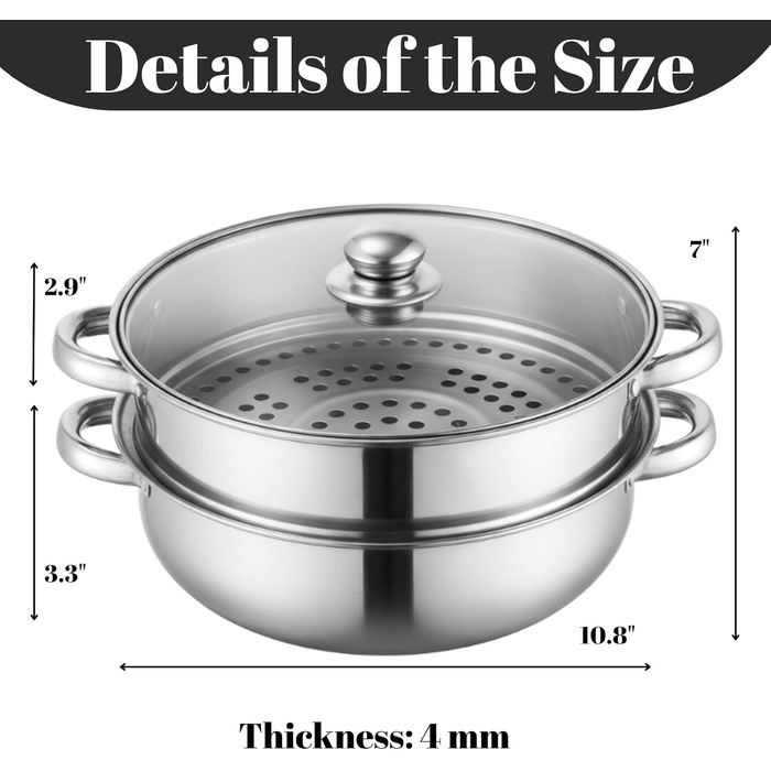 Пароварка ZENFUN з кришкою, 2 рівні, універсальний паровий горщик з нержавіючої сталі з ручкою для овочів, вареників, продуктів харчування, 27,9 см (потовщений)