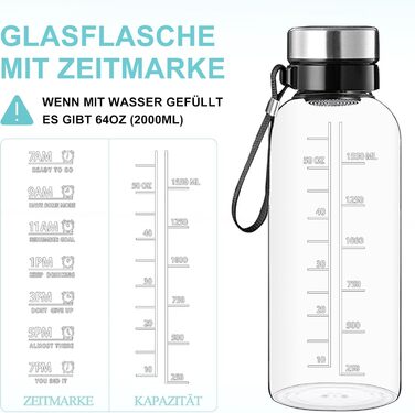 RNCKUUE 2 Liter Glass Bottle, 2l Glass Drinking Bottle, Glass Water Bottle with Strainer, Neoprene Sleeve, Bottle Brush