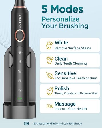 Електрична звукова зубна щітка для дорослих з 8 насадками та кейсом для подорожей, 5 режимів, водонепроникна IPX7, до 90 днів роботи від акумулятора, чорна (1 шт)