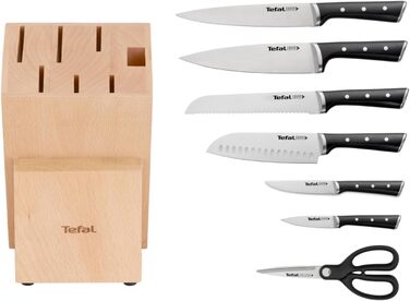 Набір ножів Tefal Ice Force (5 ножів) дерев'яний блок: ніж для хліба 20 см, шеф-ніж, ніж Сантоку 18 см, овочевий ніж 11 см, ніж для нарізки 9 см, нержавіюча сталь, коричнево-чорний, K232S5