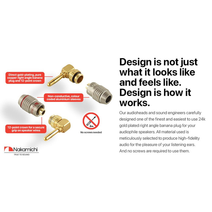 Бананові конектори Nakamichi FanLock Excel-Serie, позолочені правокутні роз'єми для акустичних кабелів Hi-Fi та домашнього кінотеатру, 10-18 AWG, 4 мм, 4 шт (2 пари)