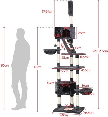 Кігтеточка Yaheetech XXL з високою конструкцією, 2 будиночки та кошик для кота, сизаль, регульована висота 228-255 см, сіро-білий колір