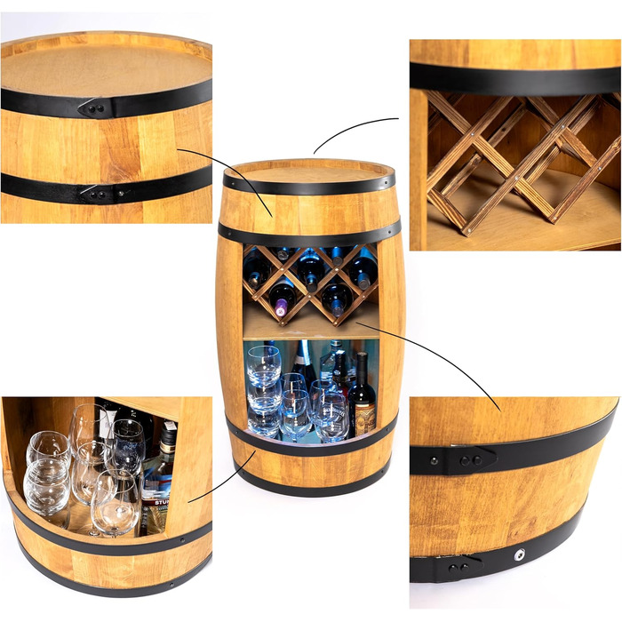 CREATIVE COOPER Fass bar LED RGB with wine holder - wine rack - wooden barrel home bar 80x50cm - rustic decor bar cabinet wine stand – wine cabinet (Light Brown)