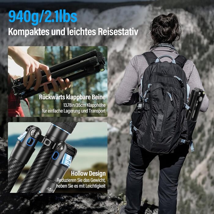 Штатив відео SIRUI Traveler X-III з вуглецевого волокна, 0.95kg, з Fluid-головкою та системою швидкої фіксації Arca Swiss, для DSLR/відеозйомки, реверсивна центральна колона