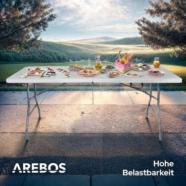 Складаний садовий стіл Arebos Buffettisch – 182 x 74 x 74 см, білий | для 8 осіб | з ручкою для перенесення | стіл для тераси, балкону та кемпінгу