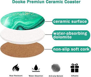 Dooke Coasters for Drinks, round, absorbent ceramic stone coasters with cork base, fun turquoise marble drink coasters
