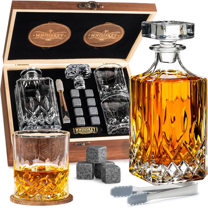 WHISISKEY Whiskey Carafe Set - Whiskey Gift Set - Gifts for Men - Men's Gifts Gift - Birthday Gift for Men - Classic Decanter 700ML, 2 Whiskey Glasses, 8 Whiskey Stones
