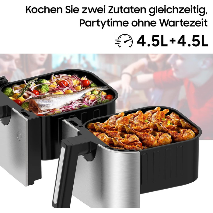 Iceagle Dual Zone Air Fryer Double Chamber 9L - XXL Air Fryer with 8 Programs | Airfryer with 2 Baskets, Oil-Free Fryer, Preheating & Keep Warm, 2600W