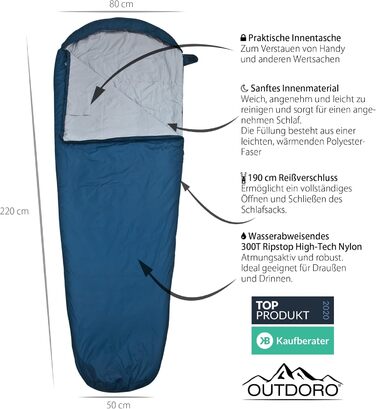 Легкий спальний мішок Outdoro 800g - компактний, теплий, для чоловіків та жінок, блакитний (ліва блискавка)