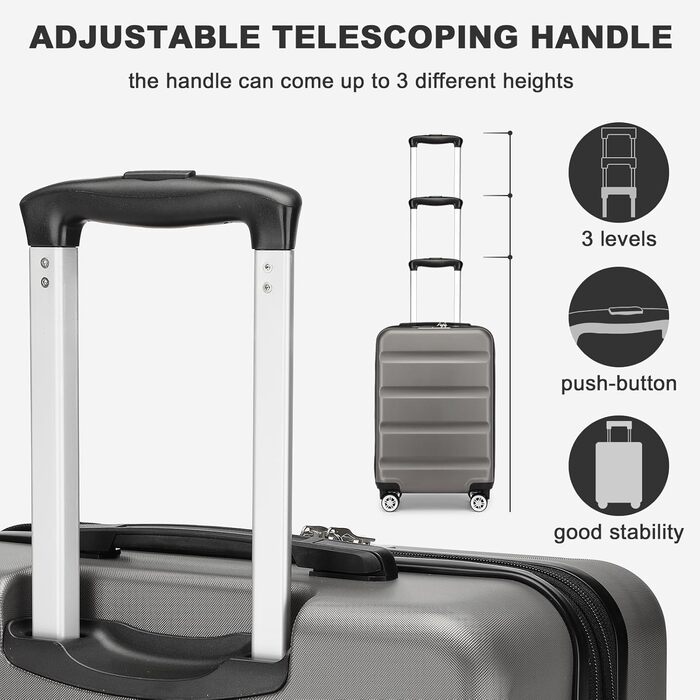 Чемодан-тележка KONO з розширенням, жорсткий корпус, XL, з TSA-замком та 4 колесами, 75x47.5x29.5 см, сірий