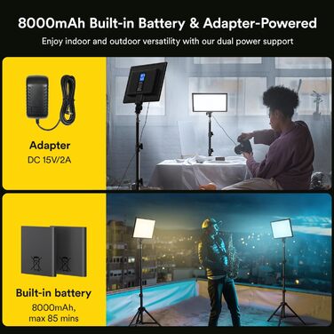 LED відеолампа RALENO з 192 LED, 2 шт. з штативом 180 см, зарядним акумулятором 8000mAh, регулюванням яскравості 0-100%, CRI95 для YouTube, TikTok, фото- та відеозйомки