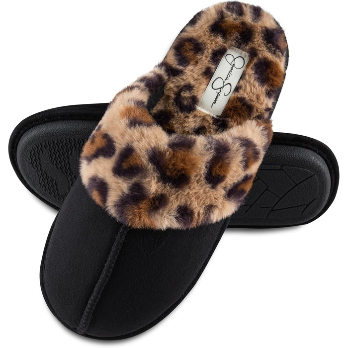Жіночі зручні домашні тапочки з штучного хутра Jessica Simpson з Memory Foam, антиковзкою підошвою, Slipper (Чорний леопардовий дизайн, Середній розмір)