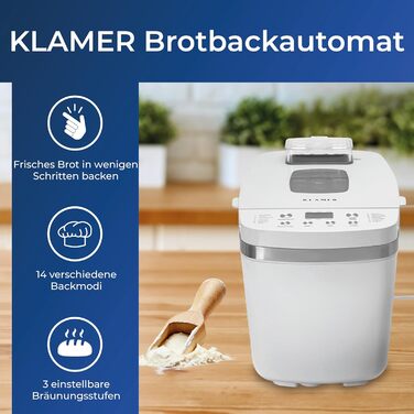 Хлібопечка KRAMER з 14 програмами випікання, регулюванням рівня пропікання, для випікання хліба, тортів, піци, йогурту та джему, антипригарна форма, білий колір