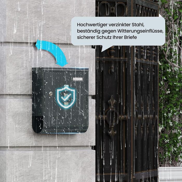 Поштовий ящик WOLTU з газетницею та вікном для імені, замиканий, 2 ключі, антрацит, 30.5x33.5x9 см