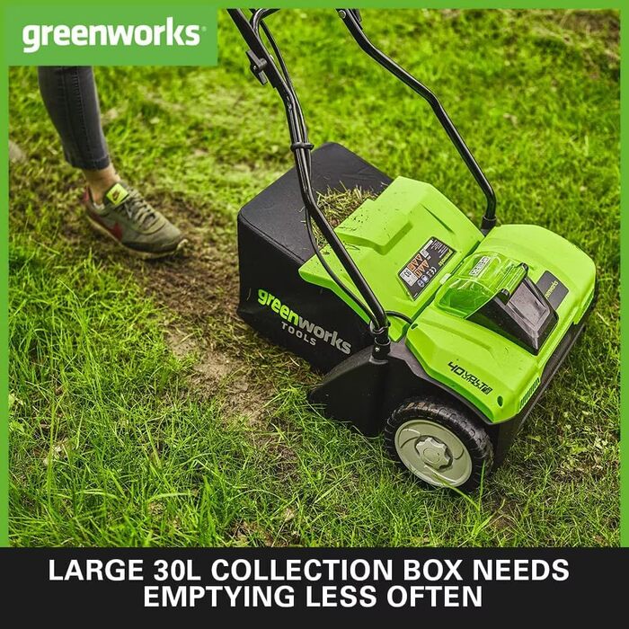 Акумуляторний аератор-скарифікатор Greenworks 40V, 36 см, 3600 об/хв, контейнер 30 л, без акумулятора та зарядного пристрою, 3 роки гарантії G40DT35